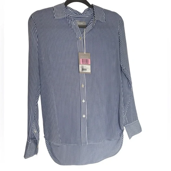 Everlane 100% silk relaxed Blue and White Striped blouse size 0 luxury NWT - Picture 3 of 4